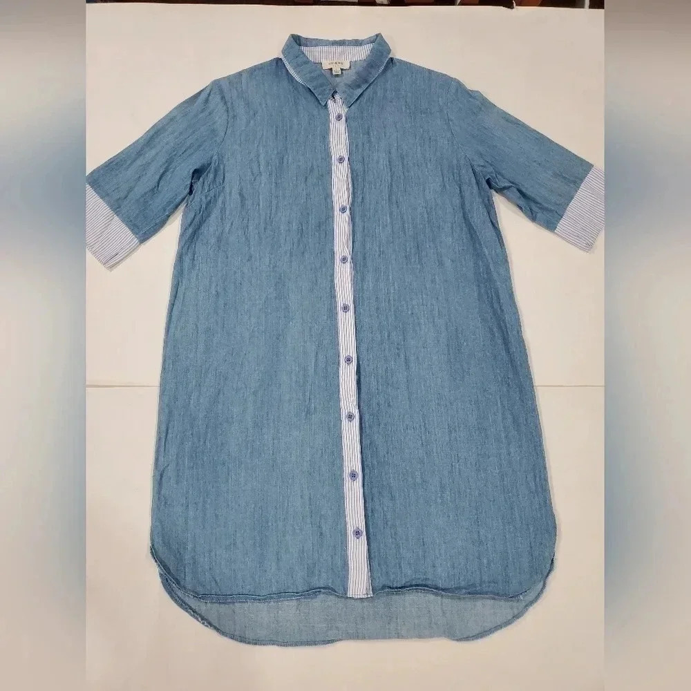 Umgee Size Small Chambray Button‎ Front Mini Dress Popover Top Short Sleeve